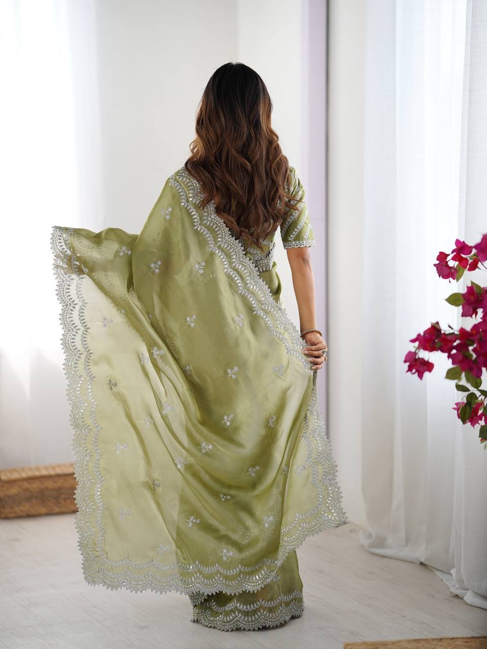 Women's Elegant Regal Purple Georgette Saree with Intricate Silver Thread & Sequin Embroidery – Complete with Embellished Blouse Piece for Festive & Party Wear - Image 18